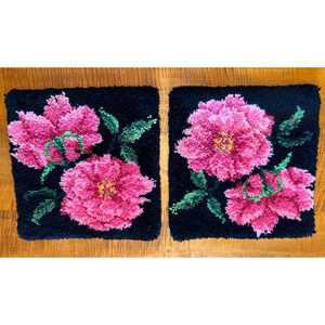 Semi-Completed "Peonies" Latch Hook Pillows (2 x 16" Square) - Stunning Colors!